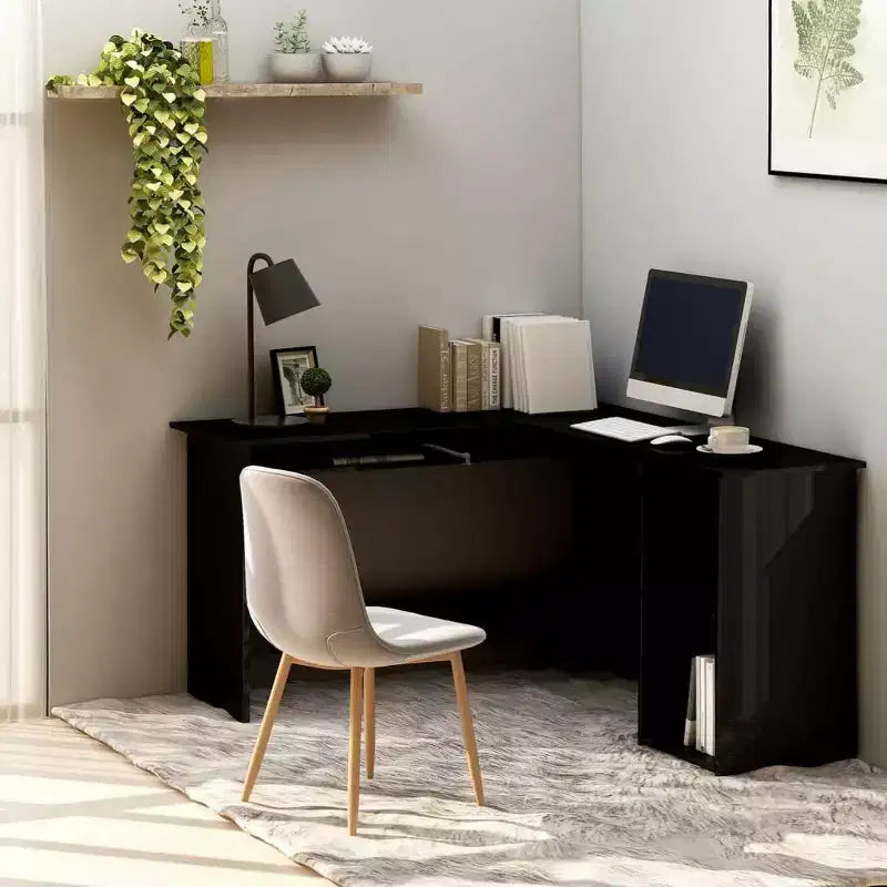 Bureau d'ordinateur moderne en L, poste de travail d'angle réglable avec de nombreuses étagères de rangement pour les espaces compacts