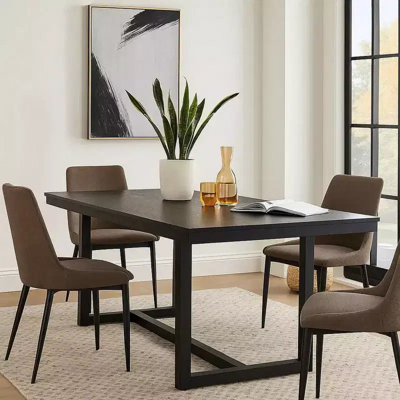 Table à manger, Plateau rectangulaire 180 cm, Pieds tréteaux, Noir moderne