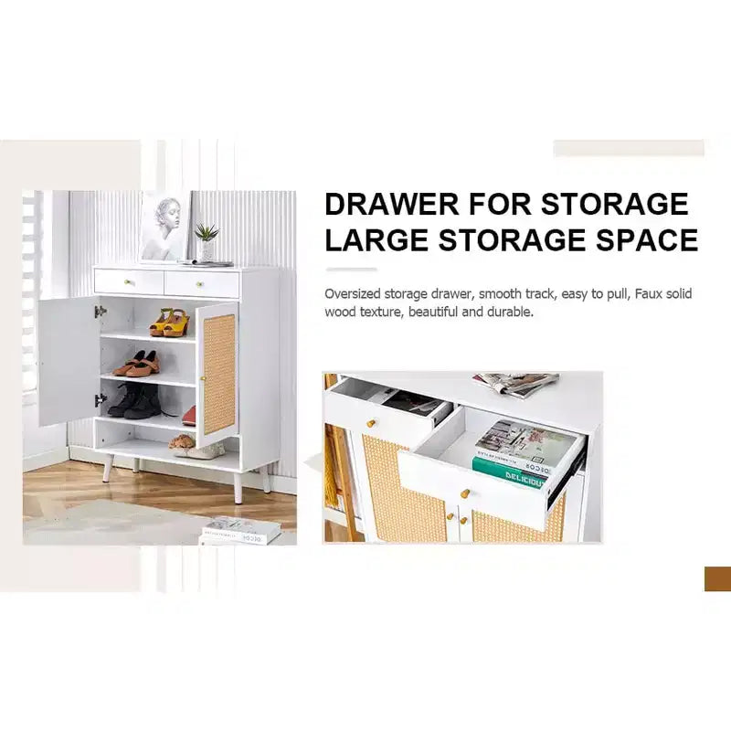 Meuble à chaussures en rotin avec rangement, 2 tiroirs et étagère inférieure, convient pour les entrées, les chambres et les salons.