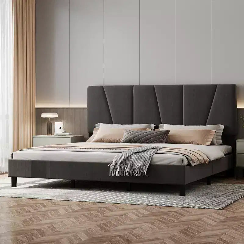 Cadre de lit King Size réglable avec tête de lit tapissée en lin, plateforme de lit robuste à lattes en bois, pas besoin de sommier tapissier, fond de matelas inclus