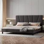 Cadre de lit King Size réglable avec tête de lit tapissée en lin, plateforme de lit robuste à lattes en bois, pas besoin de sommier tapissier, fond de matelas inclus