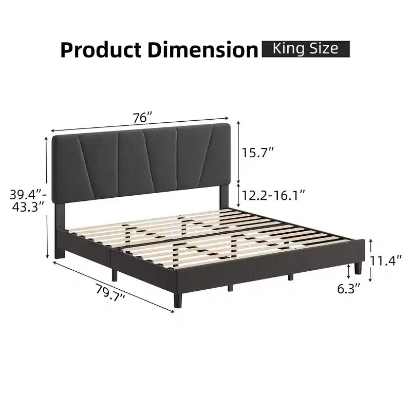 Cadre de lit King Size réglable avec tête de lit tapissée en lin, plateforme de lit robuste à lattes en bois, pas besoin de sommier tapissier, fond de matelas inclus