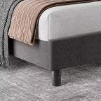 Cadre de lit King Size réglable avec tête de lit tapissée en lin, plateforme de lit robuste à lattes en bois, pas besoin de sommier tapissier, fond de matelas inclus
