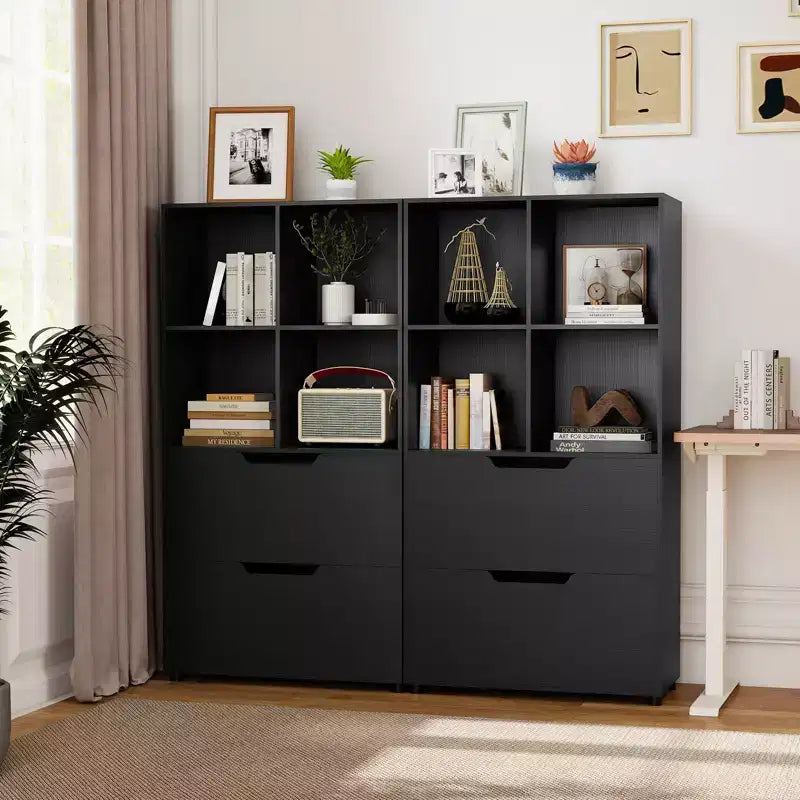 Costway Lot de 2 bibliothèques 4 casiers à 5 niveaux avec 2 tiroirs pour salon, bureau, noir/blanc