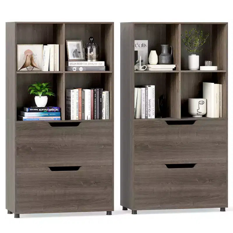 Costway Lot de 2 bibliothèques 4 casiers à 5 niveaux avec 2 tiroirs pour salon, bureau, noir/blanc