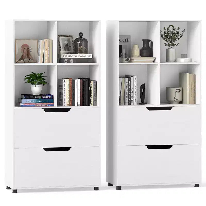 Costway Lot de 2 bibliothèques 4 casiers à 5 niveaux avec 2 tiroirs pour salon, bureau, noir/blanc