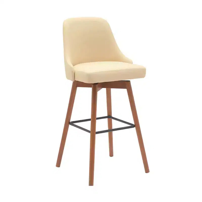HomeRoots 30 Cream and Wood Brown Faux Leather with Solid Wood Swivel Bar Height Bar Chair