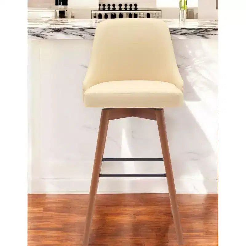 Chaise de bar HomeRoots pivotante de 76 cm, hauteur bar, en similicuir crème et bois marron avec pieds en bois massif