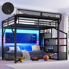 Bellemave Queen Loft Bed with Storage Stairs, Shelves and Built-in Wardrobe, Frame with USB Ports ,Noise-reduced Design, Black