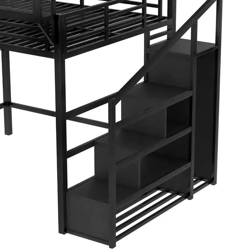 Lit mezzanine Bellemave Queen avec escaliers de rangement, étagères et armoire intégrée, cadre avec ports USB, conception à réduction de bruit, noir