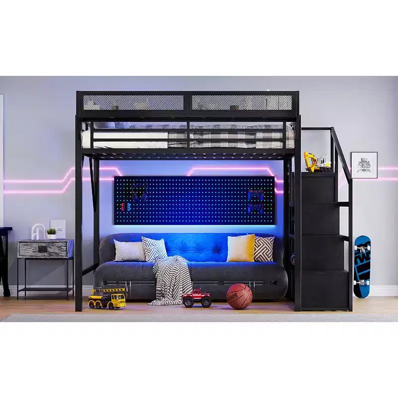 Lit mezzanine Bellemave Queen avec escaliers de rangement, étagères et armoire intégrée, cadre avec ports USB, conception à réduction de bruit, noir