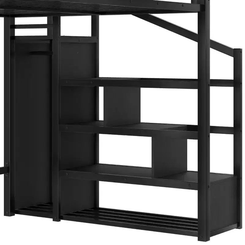Lit mezzanine Bellemave Queen avec escaliers de rangement, étagères et armoire intégrée, cadre avec ports USB, conception à réduction de bruit, noir