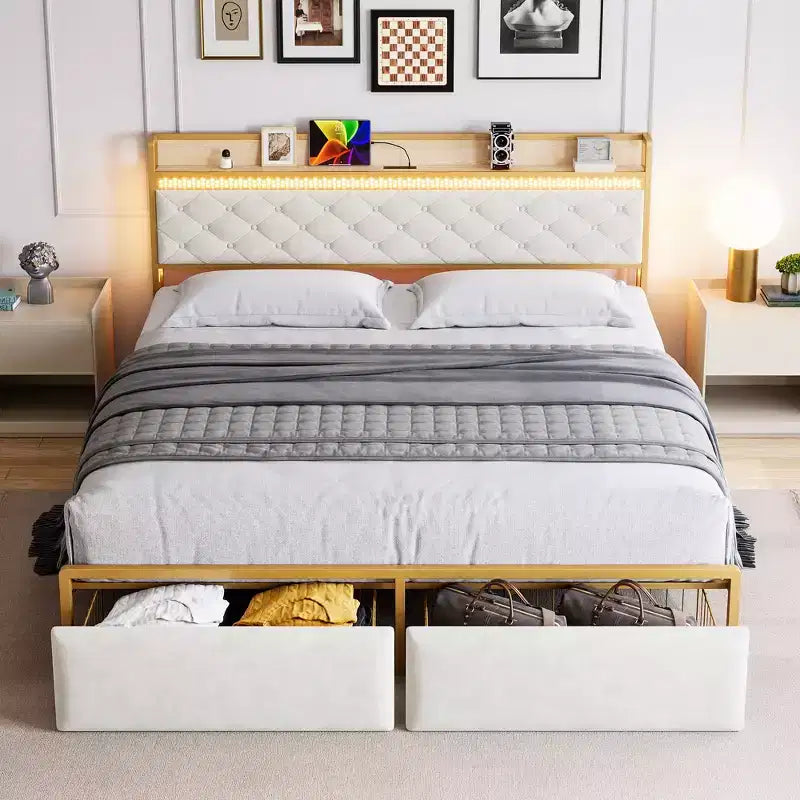 Cadre de lit, tête de lit avec rangement et 2 tiroirs de rangement, lit plateforme rembourré, silencieux, pas besoin de sommier tapissier, assemblage facile