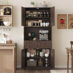 Meuble de Rangement Haut de 70 po avec Comptoir, Meubles Hauts Canné avec Portes et Tiroir, pour Salle de Bain, Salle à Manger, Salon
