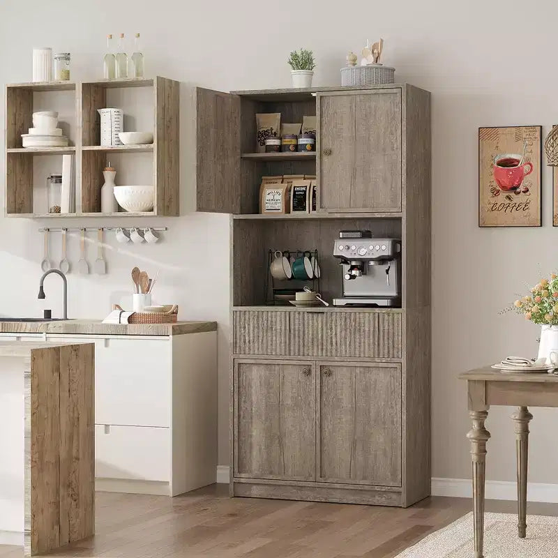 Meuble de Rangement Haut de 70 po avec Comptoir, Meubles Hauts Canné avec Portes et Tiroir, pour Salle de Bain, Salle à Manger, Salon