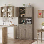 Meuble de Rangement Haut de 70 po avec Comptoir, Meubles Hauts Canné avec Portes et Tiroir, pour Salle de Bain, Salle à Manger, Salon