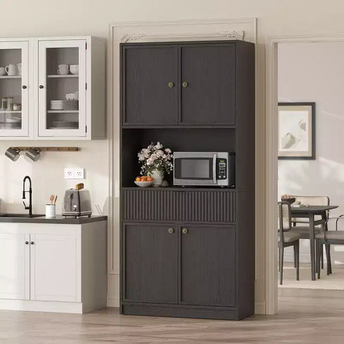Meuble de Rangement Haut de 70 po avec Comptoir, Meubles Hauts Canné avec Portes et Tiroir, pour Salle de Bain, Salle à Manger, Salon
