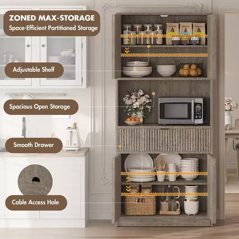 Meuble de Rangement Haut de 70 po avec Comptoir, Meubles Hauts Canné avec Portes et Tiroir, pour Salle de Bain, Salle à Manger, Salon