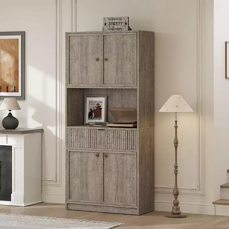 Meuble de Rangement Haut de 70 po avec Comptoir, Meubles Hauts Canné avec Portes et Tiroir, pour Salle de Bain, Salle à Manger, Salon