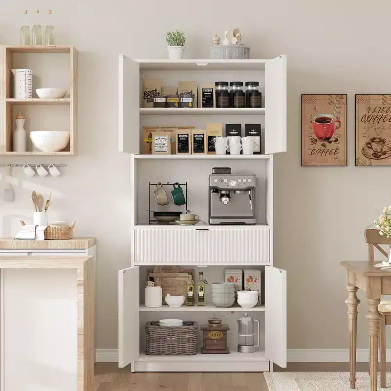Meuble de Rangement Haut de 70 po avec Comptoir, Meubles Hauts Canné avec Portes et Tiroir, pour Salle de Bain, Salle à Manger, Salon