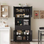 Meuble de Rangement Haut de 70 po avec Comptoir, Meubles Hauts Canné avec Portes et Tiroir, pour Salle de Bain, Salle à Manger, Salon