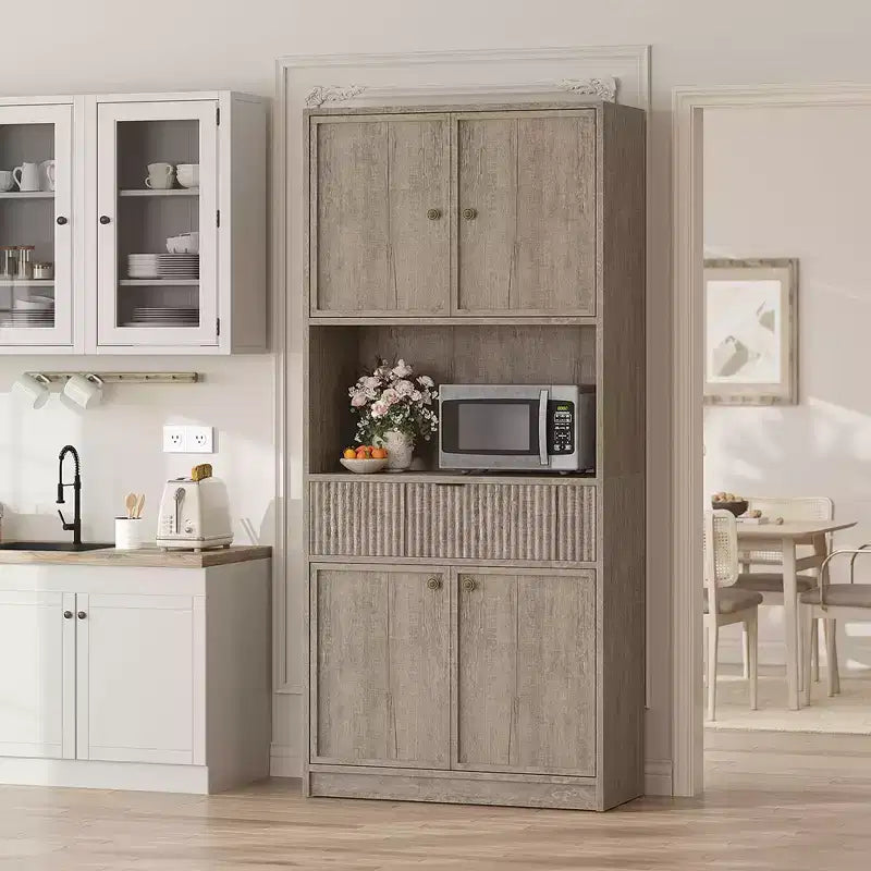 Meuble de Rangement Haut de 70 po avec Comptoir, Meubles Hauts Canné avec Portes et Tiroir, pour Salle de Bain, Salle à Manger, Salon