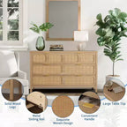 Commode à 6 tiroirs, commode en rotin pour chambre à coucher avec poignées en métal, commode de rangement en bois style ferme pour chambre à coucher, salon, couloir, entrée