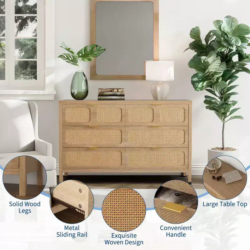 Commode à 6 tiroirs, commode en rotin pour chambre à coucher avec poignées en métal, commode de rangement en bois style ferme pour chambre à coucher, salon, couloir, entrée