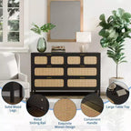 Commode à 6 tiroirs, commode en rotin pour chambre à coucher avec poignées en métal, commode de rangement en bois style ferme pour chambre à coucher, salon, couloir, entrée