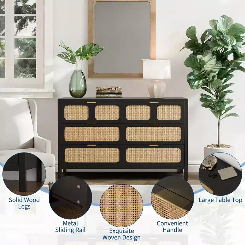 Commode à 6 tiroirs, commode en rotin pour chambre à coucher avec poignées en métal, commode de rangement en bois style ferme pour chambre à coucher, salon, couloir, entrée