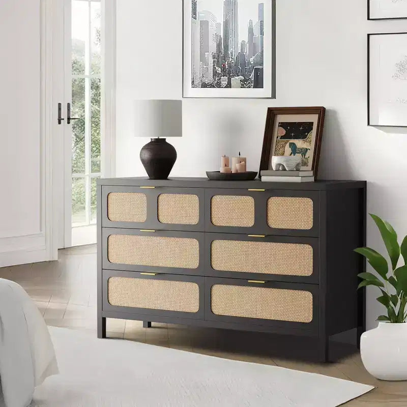 Commode à 6 tiroirs, commode en rotin pour chambre à coucher avec poignées en métal, commode de rangement en bois style ferme pour chambre à coucher, salon, couloir, entrée