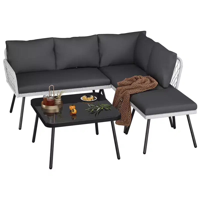 Ensemble de mobilier d'extérieur en osier en forme de L, ensemble de canapé sectionnel de patio 4 pièces avec rotin fait main, ensemble de canapés de conversation avec table basse, pouf pour le jardin