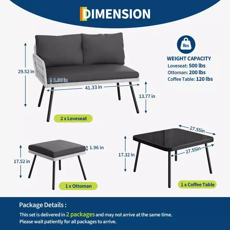 Ensemble de mobilier d'extérieur en osier en forme de L, ensemble de canapé sectionnel de patio 4 pièces avec rotin fait main, ensemble de canapés de conversation avec table basse, pouf pour le jardin