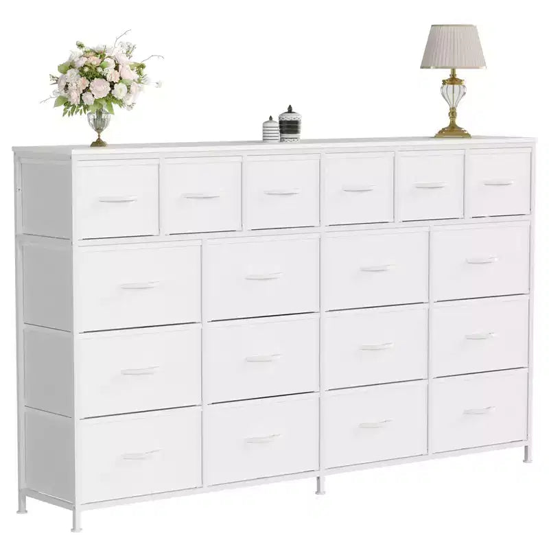 Commode longue à 18 tiroirs avec tiroirs en tissu et poignées en PU - Armoire de rangement robuste à cadre métallique pour chambre, salon, entrée