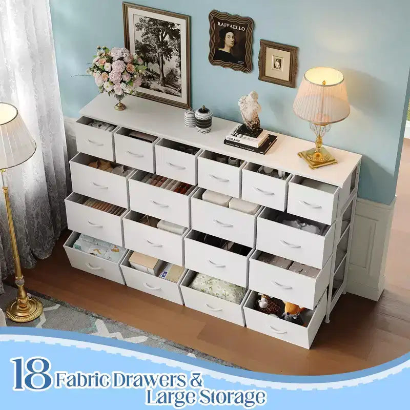 Commode longue à 18 tiroirs avec tiroirs en tissu et poignées en PU - Armoire de rangement robuste à cadre métallique pour chambre, salon, entrée