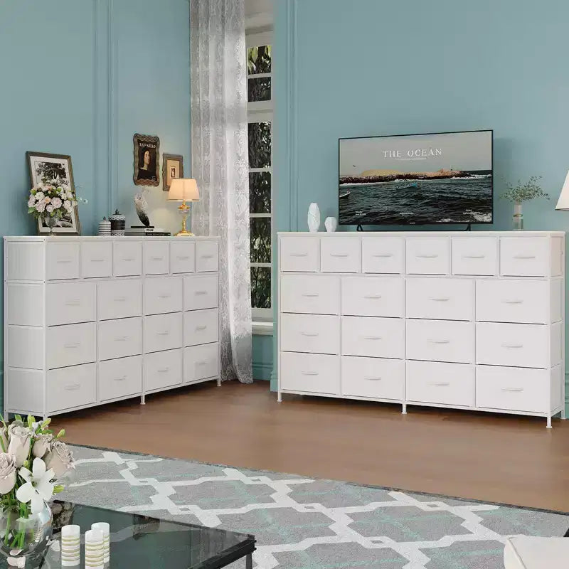Commode longue à 18 tiroirs avec tiroirs en tissu et poignées en PU - Armoire de rangement robuste à cadre métallique pour chambre, salon, entrée