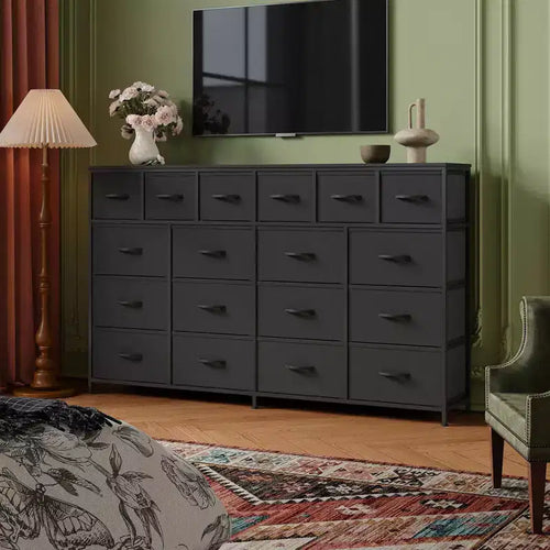 Commode longue à 18 tiroirs avec tiroirs en tissu et poignées en PU - Armoire de rangement robuste à cadre métallique pour chambre, salon, entrée