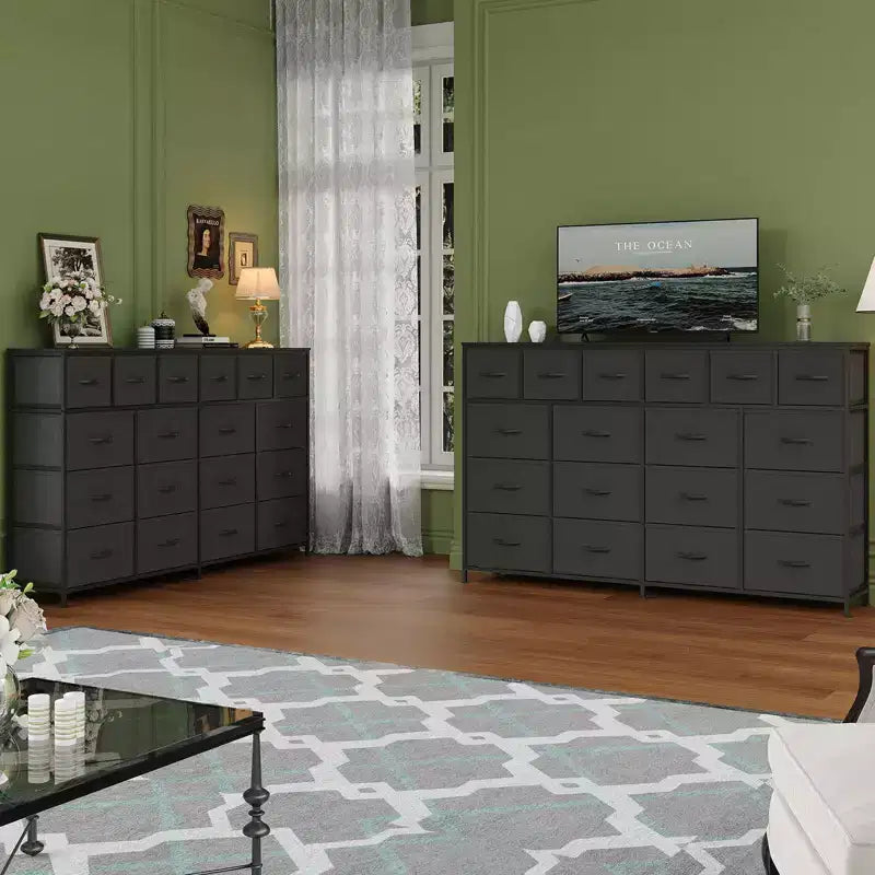Commode longue à 18 tiroirs avec tiroirs en tissu et poignées en PU - Armoire de rangement robuste à cadre métallique pour chambre, salon, entrée