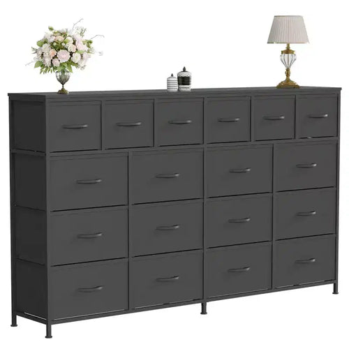 18-Drawer Long Dresser with Fabric Drawers & PU Handles - Sturdy Metal Frame Storage Cabinet for Bedroom, Living Room, Entryway