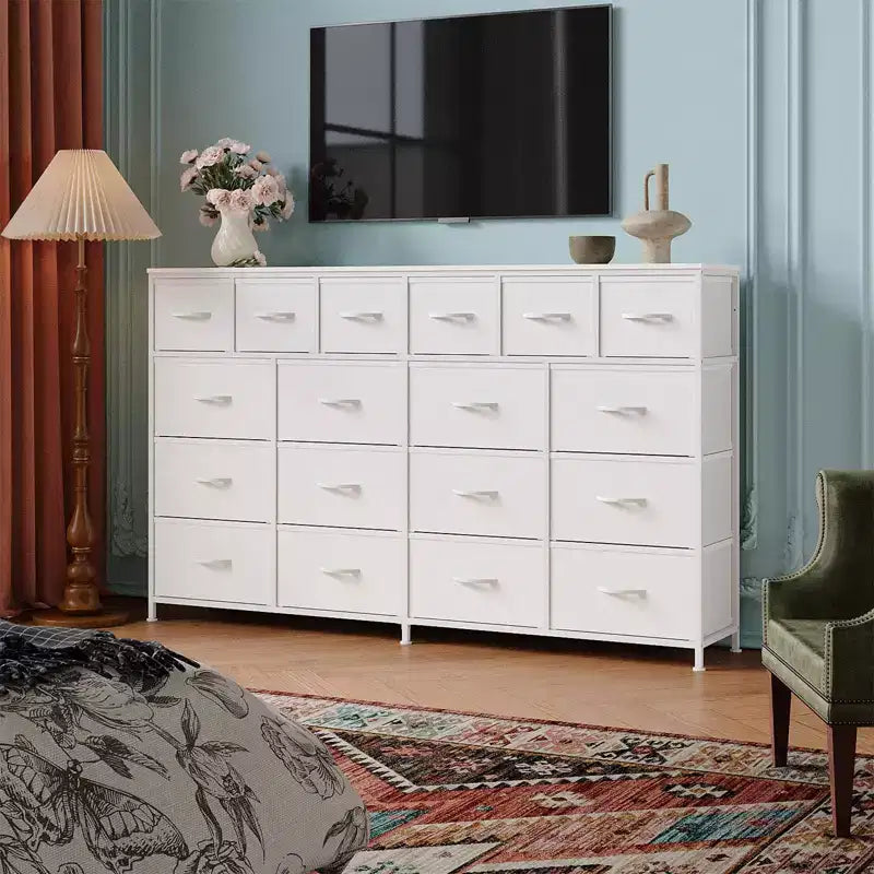 Commode longue à 18 tiroirs avec tiroirs en tissu et poignées en PU - Armoire de rangement robuste à cadre métallique pour chambre, salon, entrée