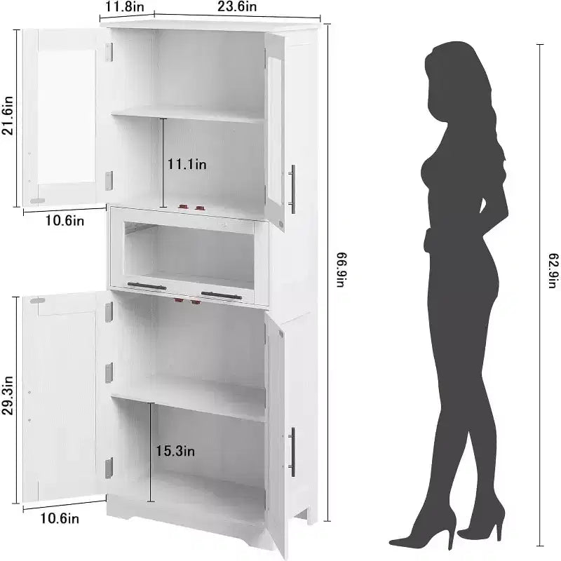 Armoire haute de salle de bain avec portes et étagères réglables, 5 compartiments, convient pour le salon, la cuisine ou la salle à manger.