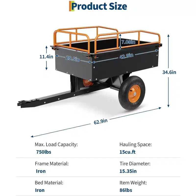 Remorque Lourd de VTT Benne Basculante en Acier, 340 kg (750 livres) 0,42 m³ (15 pieds cubes), Utilitaire de Jardin avec Côtés Amovibles pour Tracteur Tondeuse Autoportée