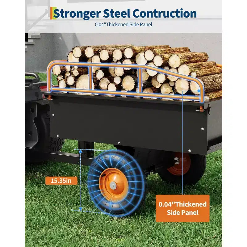 Remorque Lourd de VTT Benne Basculante en Acier, 340 kg (750 livres) 0,42 m³ (15 pieds cubes), Utilitaire de Jardin avec Côtés Amovibles pour Tracteur Tondeuse Autoportée