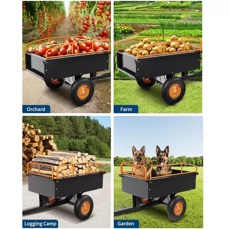 Remorque Lourd de VTT Benne Basculante en Acier, 340 kg (750 livres) 0,42 m³ (15 pieds cubes), Utilitaire de Jardin avec Côtés Amovibles pour Tracteur Tondeuse Autoportée