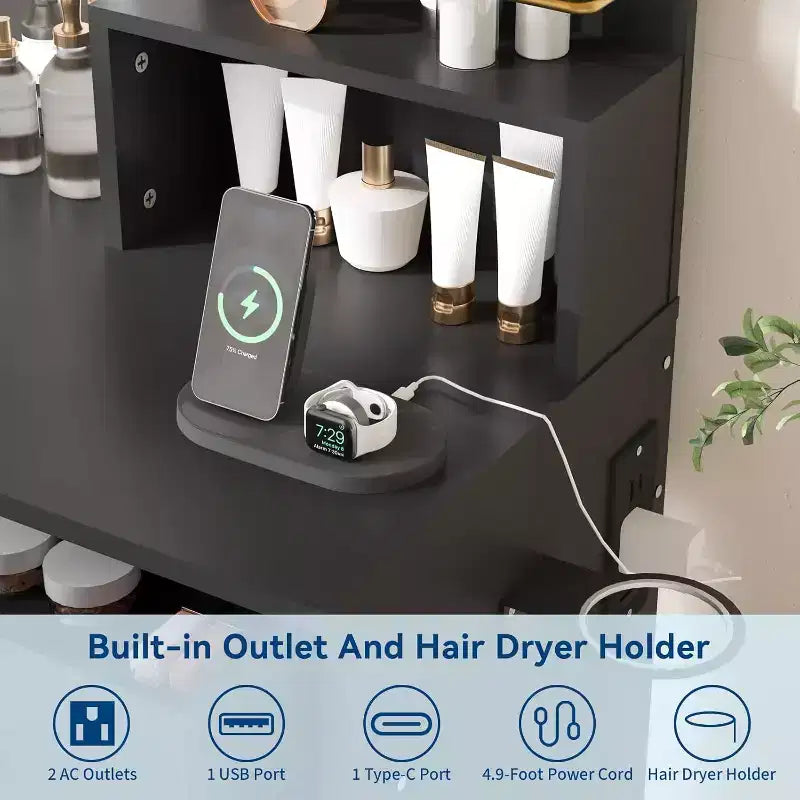 Coiffeuse avec miroir lumineux, coiffeuse de maquillage avec prise de courant 3 couleurs d'éclairage luminosité réglable coiffeuse pour femmes