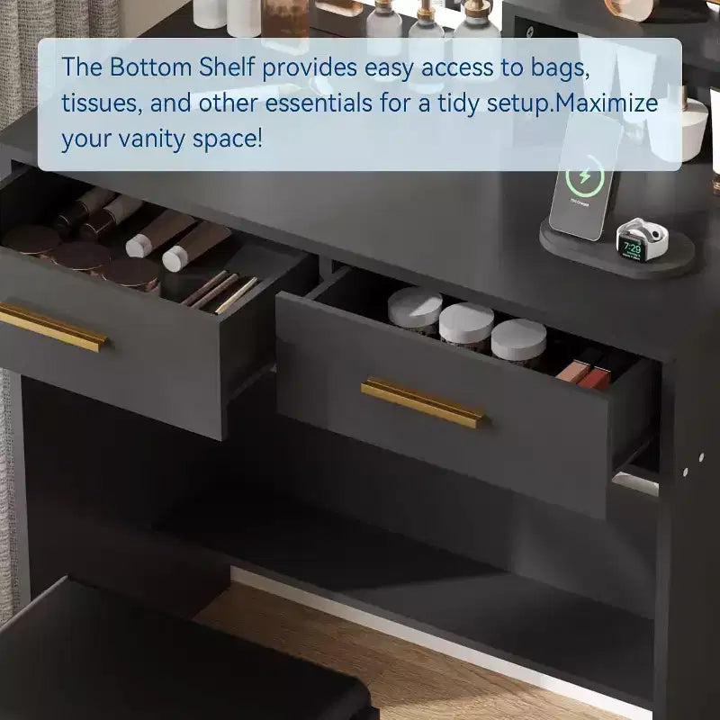 Coiffeuse avec miroir lumineux, coiffeuse de maquillage avec prise de courant 3 couleurs d'éclairage luminosité réglable coiffeuse pour femmes