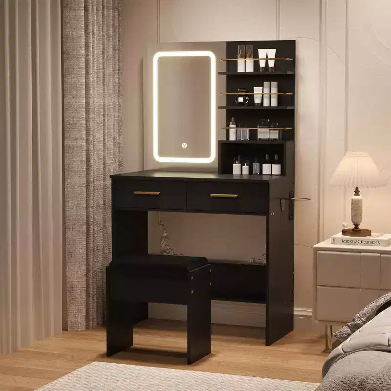 Coiffeuse avec miroir lumineux, coiffeuse de maquillage avec prise de courant 3 couleurs d'éclairage luminosité réglable coiffeuse pour femmes