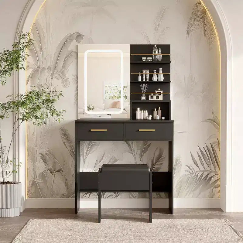 Coiffeuse avec miroir lumineux, coiffeuse de maquillage avec prise de courant 3 couleurs d'éclairage luminosité réglable coiffeuse pour femmes
