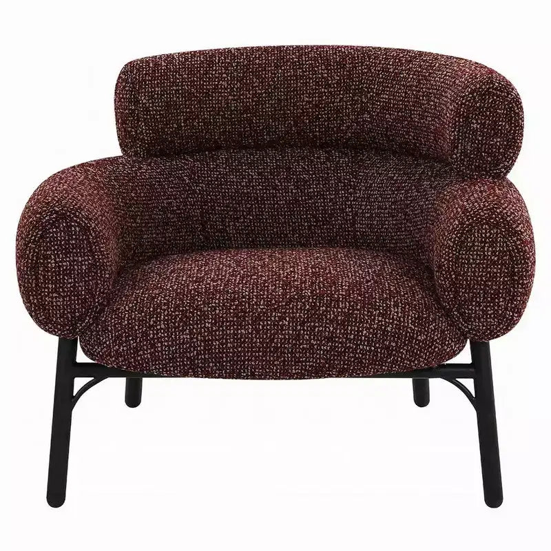 Fauteuil Royal Hampton, dossier incurvé, tissu tweed rouge marron, pieds en métal noir