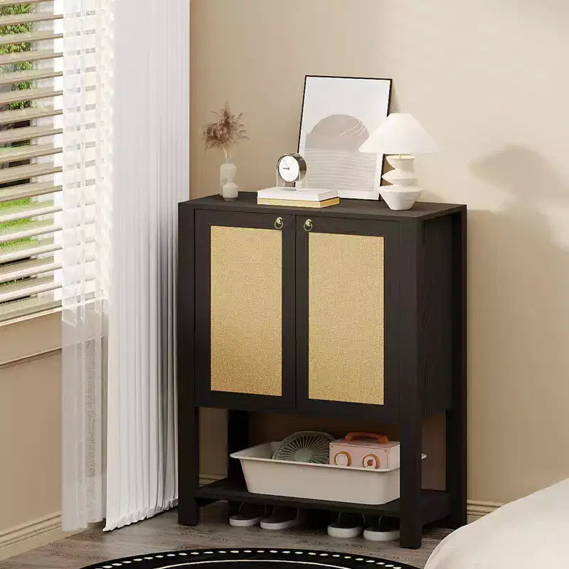 Meuble à chaussures en rotin pour entrée, armoire de rangement autoportante en bois à 5 niveaux de style rustique avec étagères réglables pour couloir et salon